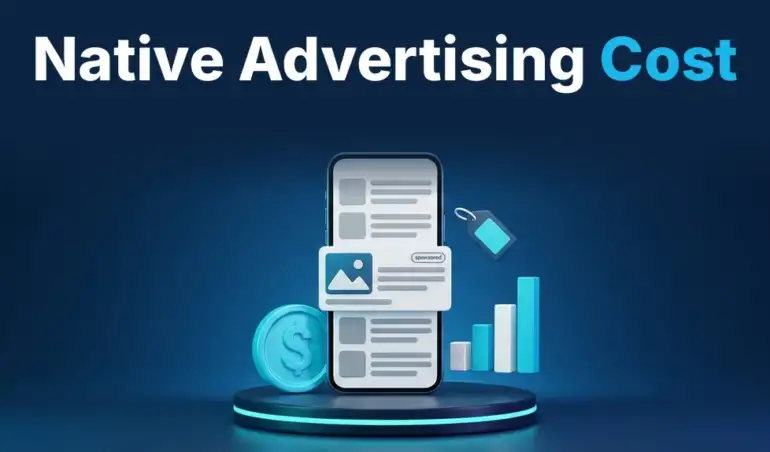 How much does native advertising cost: smartphone with a native ad card in a feed, a dollar coin, a price tag and a rising cost chart