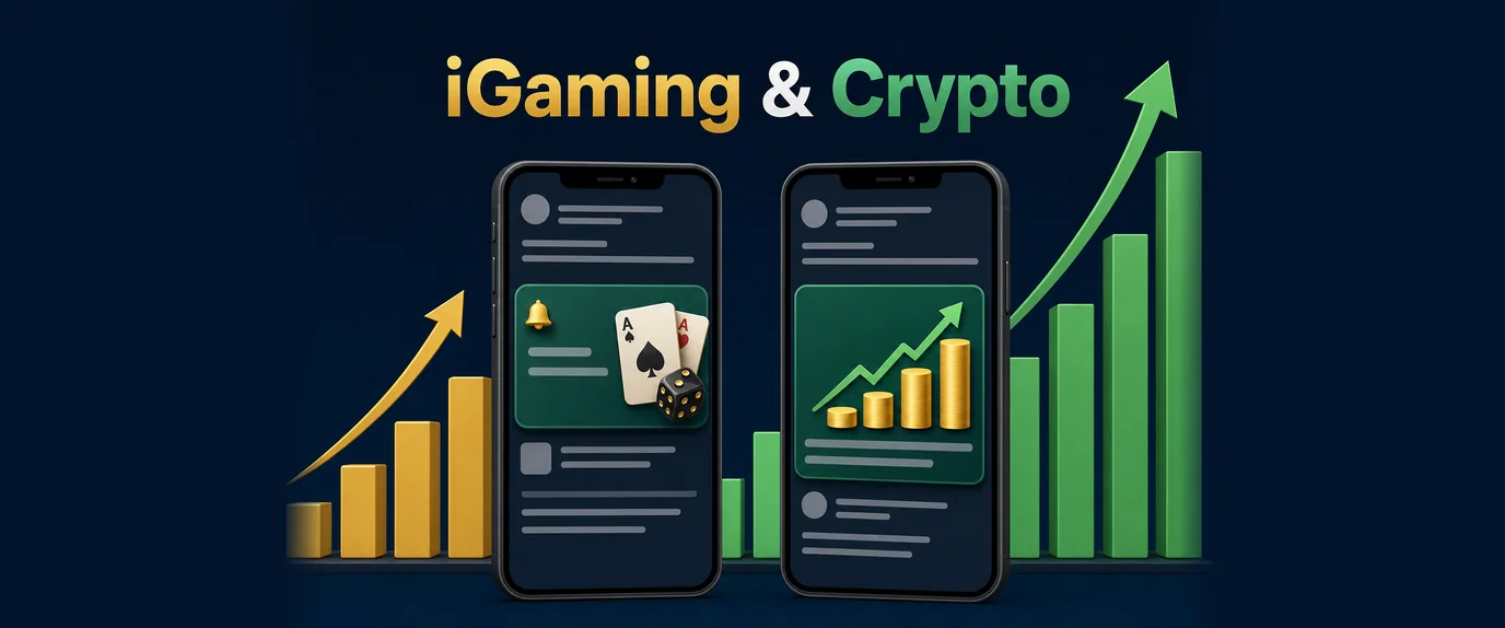 iGaming and crypto: a casino push ad and a crypto native ad on phones in front of growing bars