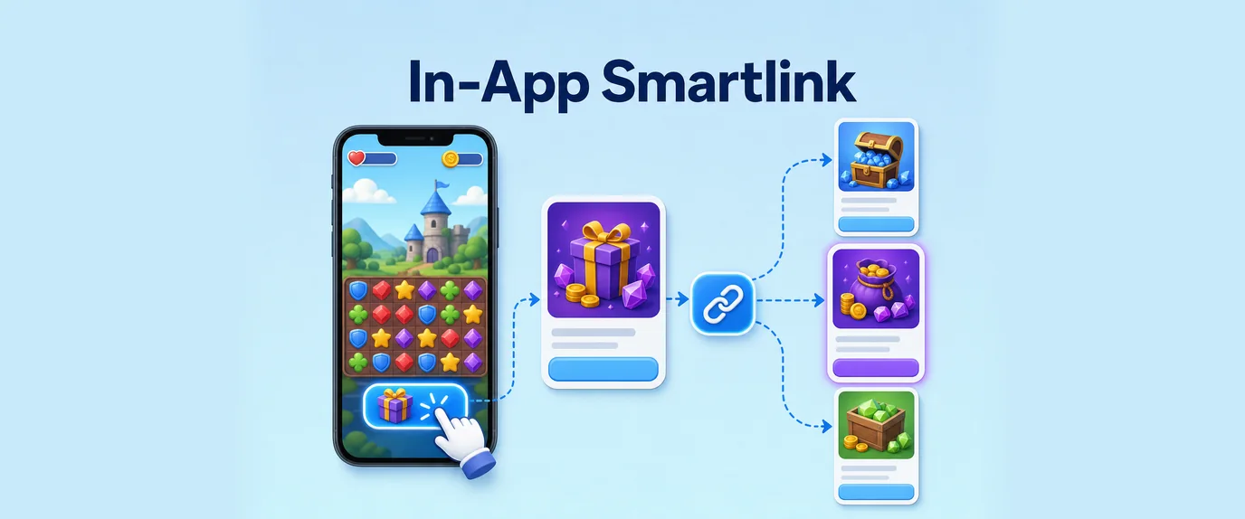 In-app smartlink: a reward button in a mobile game opens an offer chosen by the smartlink from several offers