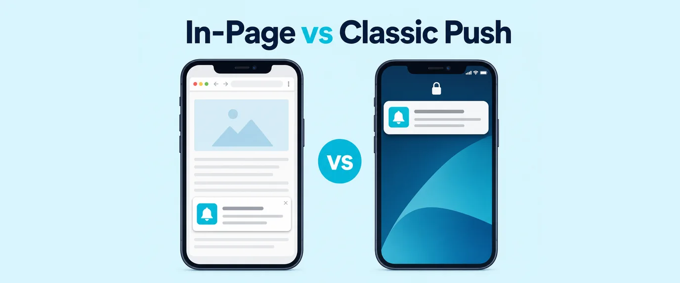 In-page vs classic push: a notification-style ad inside a web page next to a push notification on a lock screen