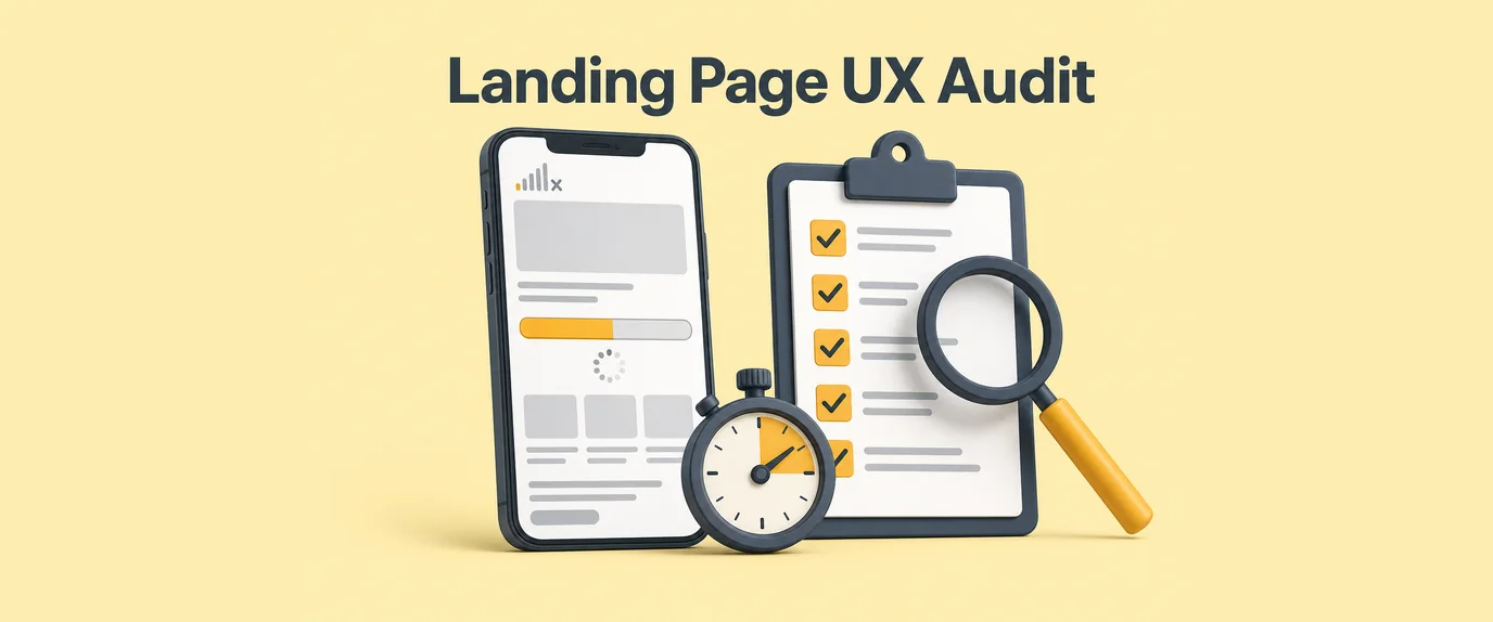 Landing page UX audit: a slowly loading mobile page on a weak connection, a stopwatch and an audit checklist