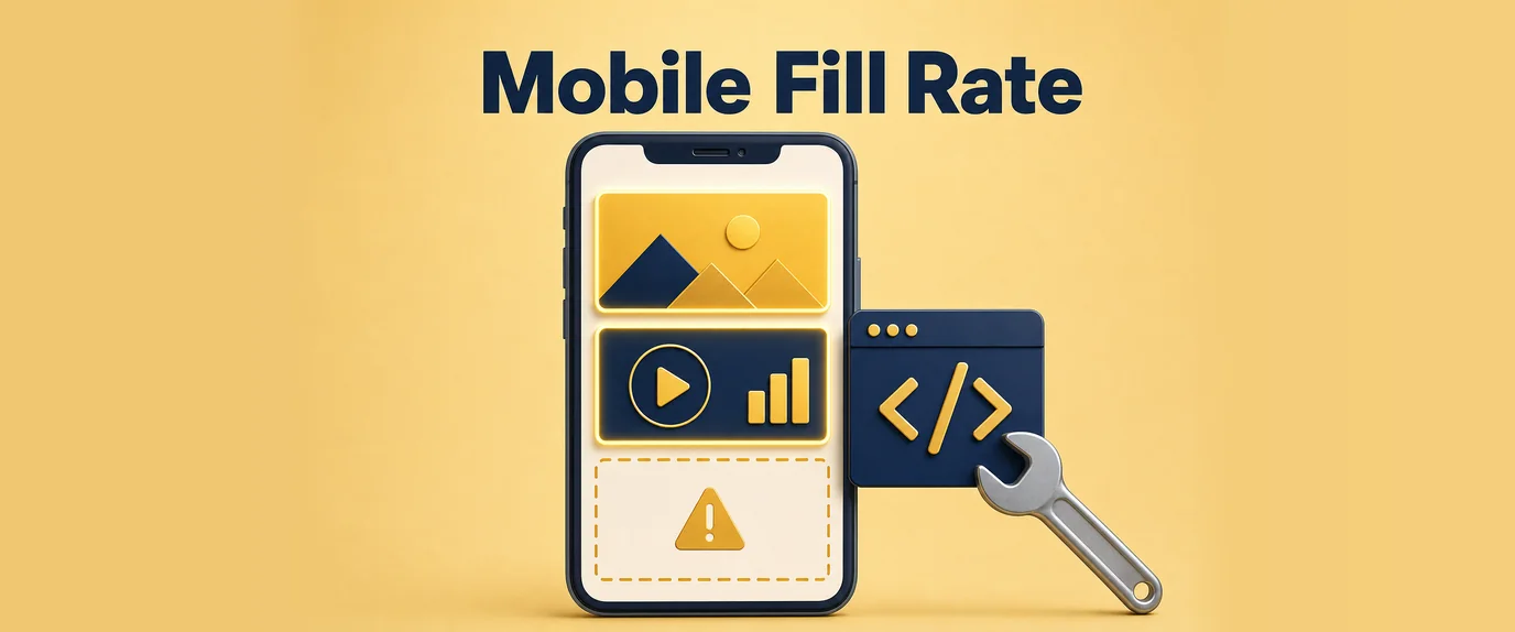 Mobile fill rate: a phone page with two filled ad slots and one empty slot while the ad script is being tuned