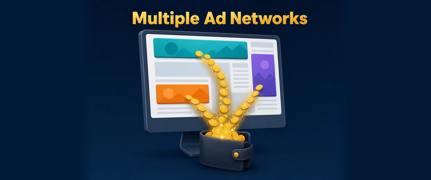 A website earning from several ad networks at once, coins from three ad slots flowing into one wallet