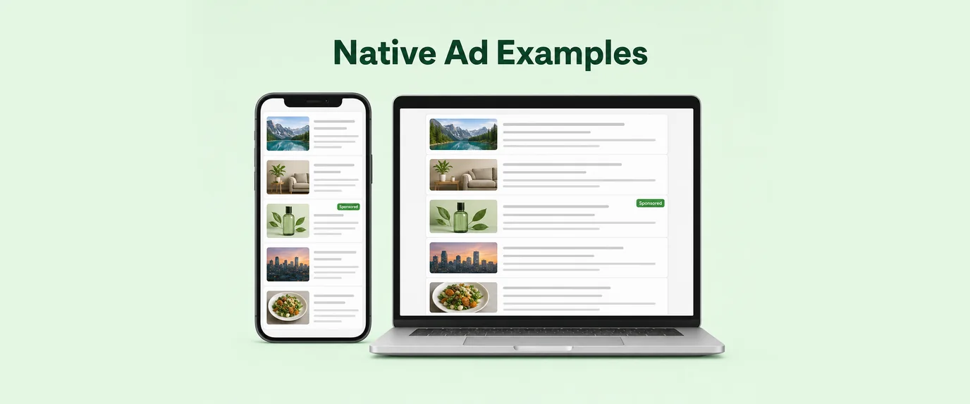 Native ad examples: news feeds on a phone and a laptop where one card looks like a regular article but carries a small Sponsored label