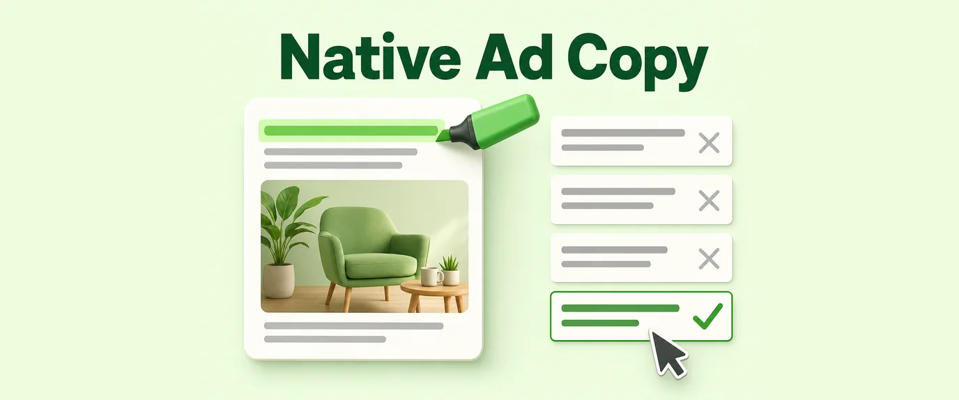 Native ad copy: draft headlines for a native ad card are crossed out until one is checked and highlighted