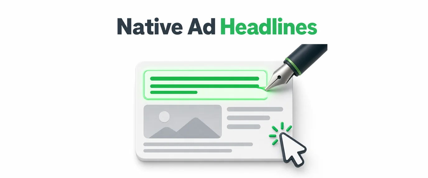Native ad headlines: a pen writes the highlighted headline of a native ad card while a cursor clicks it