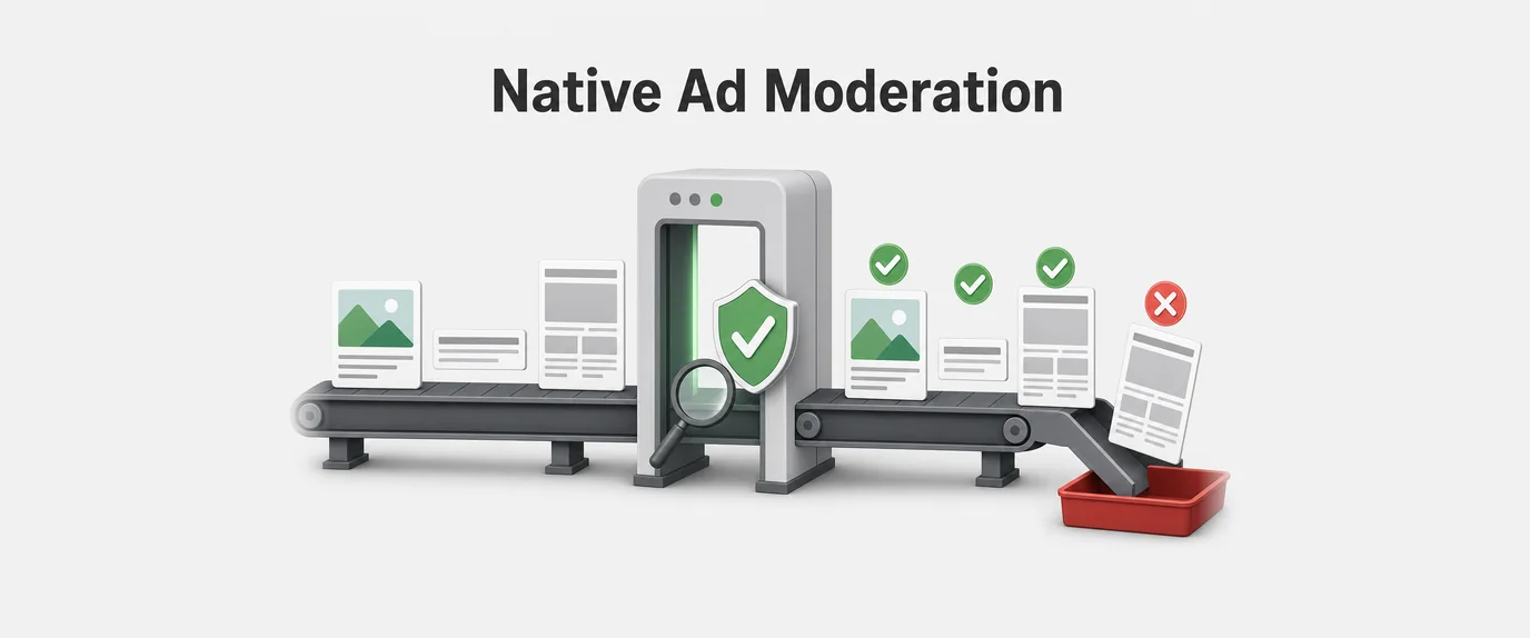 Native ad moderation: ad images, headlines and landing pages pass a scanner; approved ones get a check, one is rejected