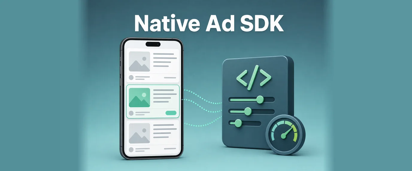 Native ad SDK: a sponsored card in an app content stream, connected to an SDK module with tuning sliders