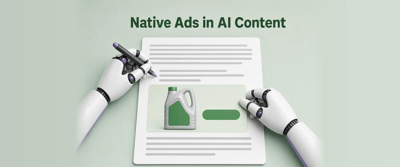 Native ads in AI content: a robot writes an article and a related native ad card is placed between paragraphs