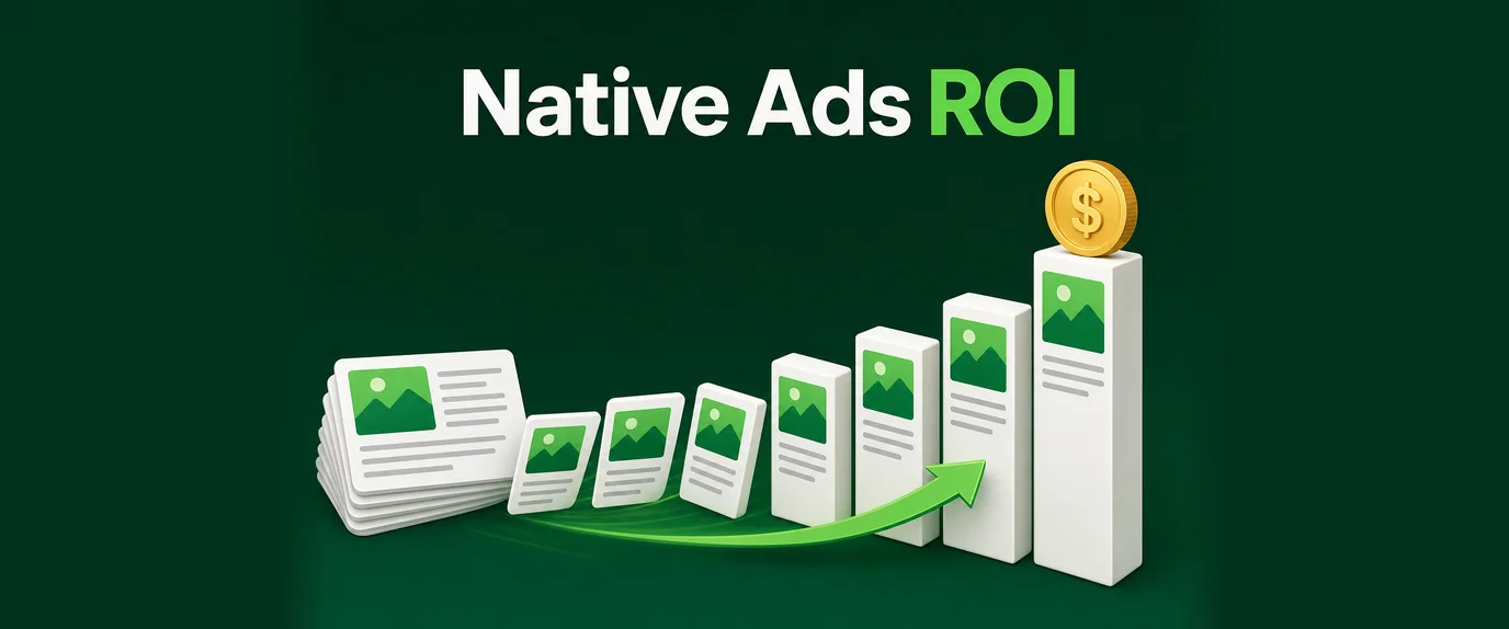 Native ads ROI: native ad cards turning into a rising bar chart topped with a coin