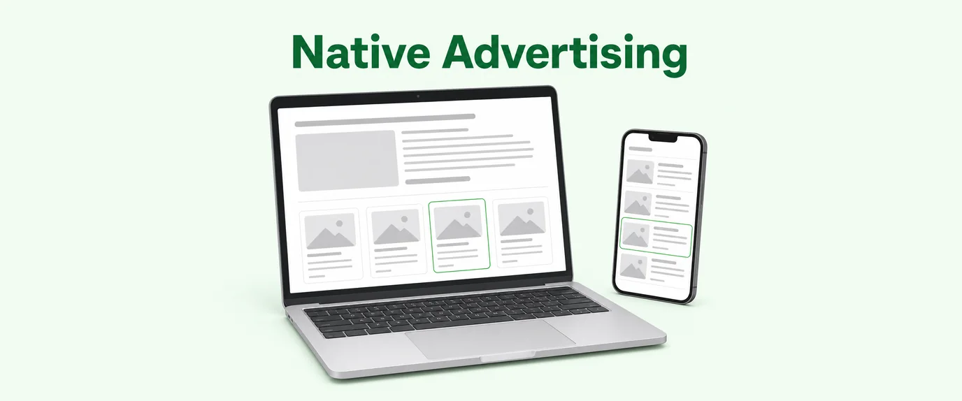 Native advertising: a sponsored card blends in with article teasers on a laptop and in a phone feed