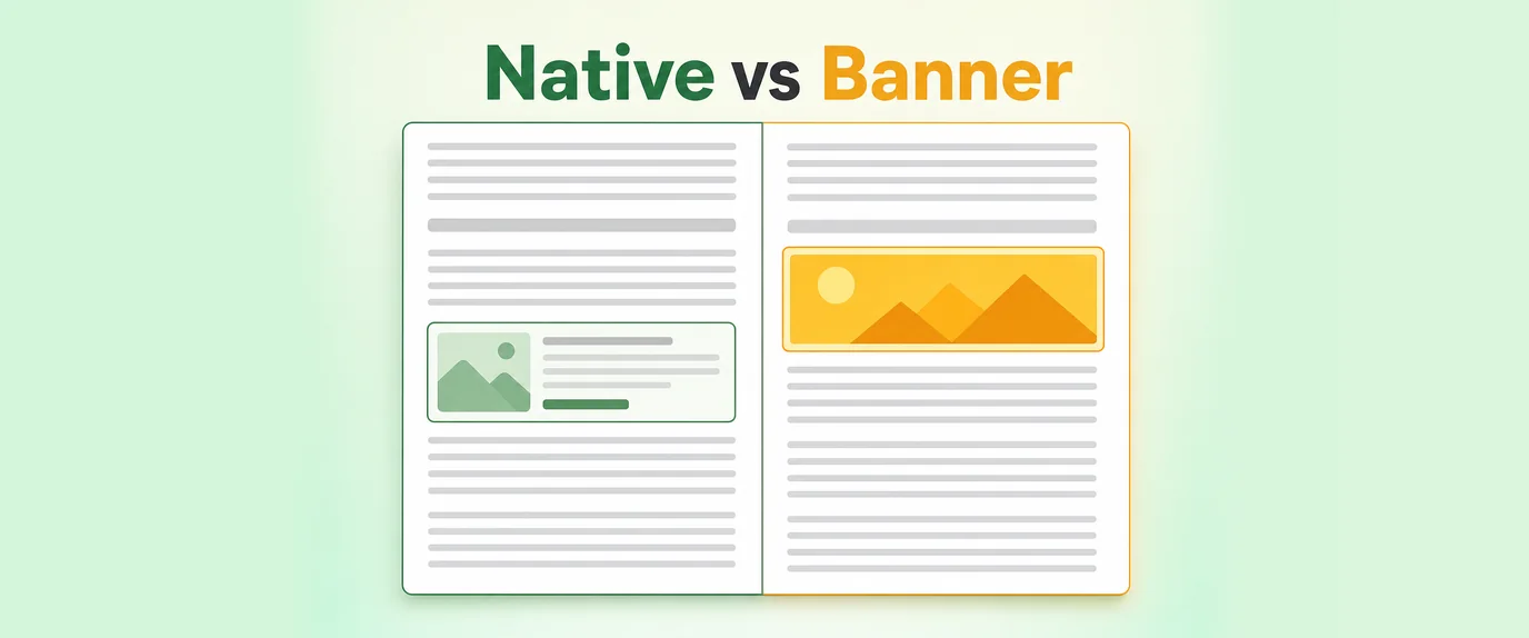 Native vs banner: the same article with a native card that blends in and a banner that stands out