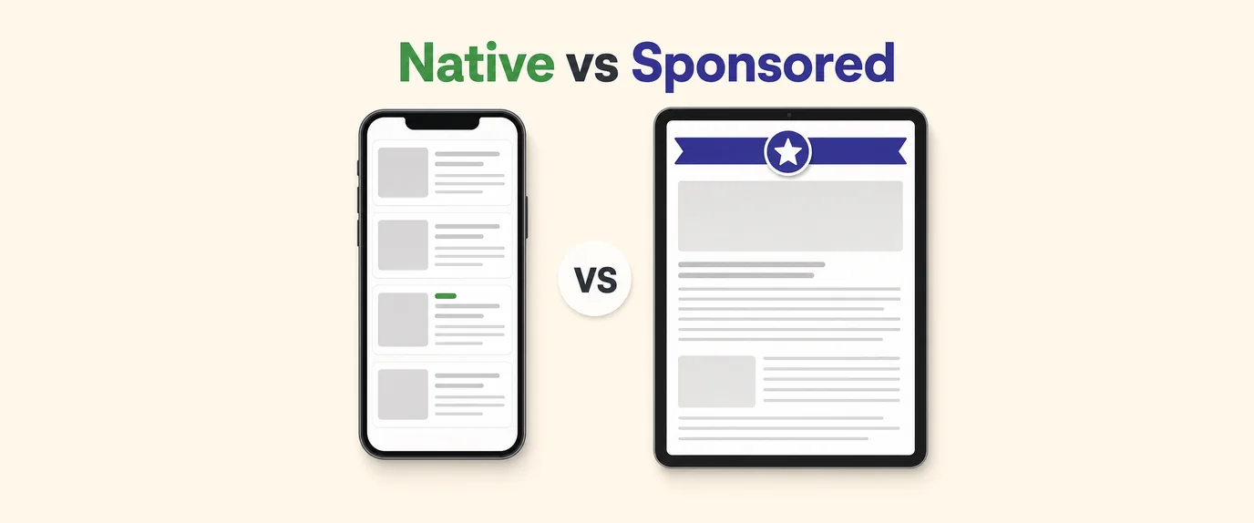 Native vs sponsored: a native ad card blending into a phone feed next to a brand-sponsored article on a tablet