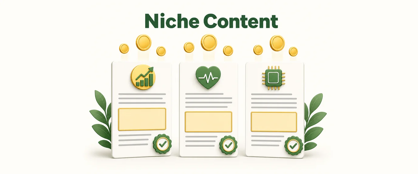 Niche content: finance, health and tech article pages with ad slots and quality badges earning coins