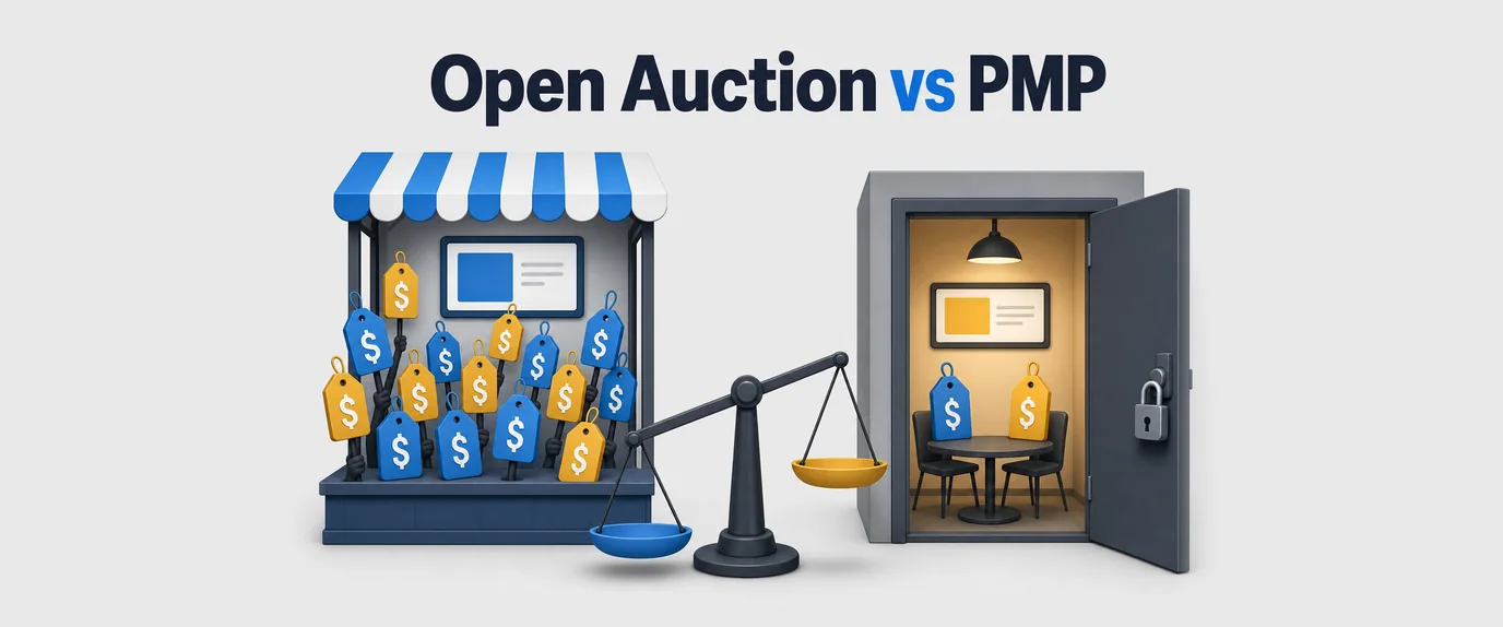 Open auction vs PMP: many bids compete at an open market stall while two invited bids sit in a locked private room