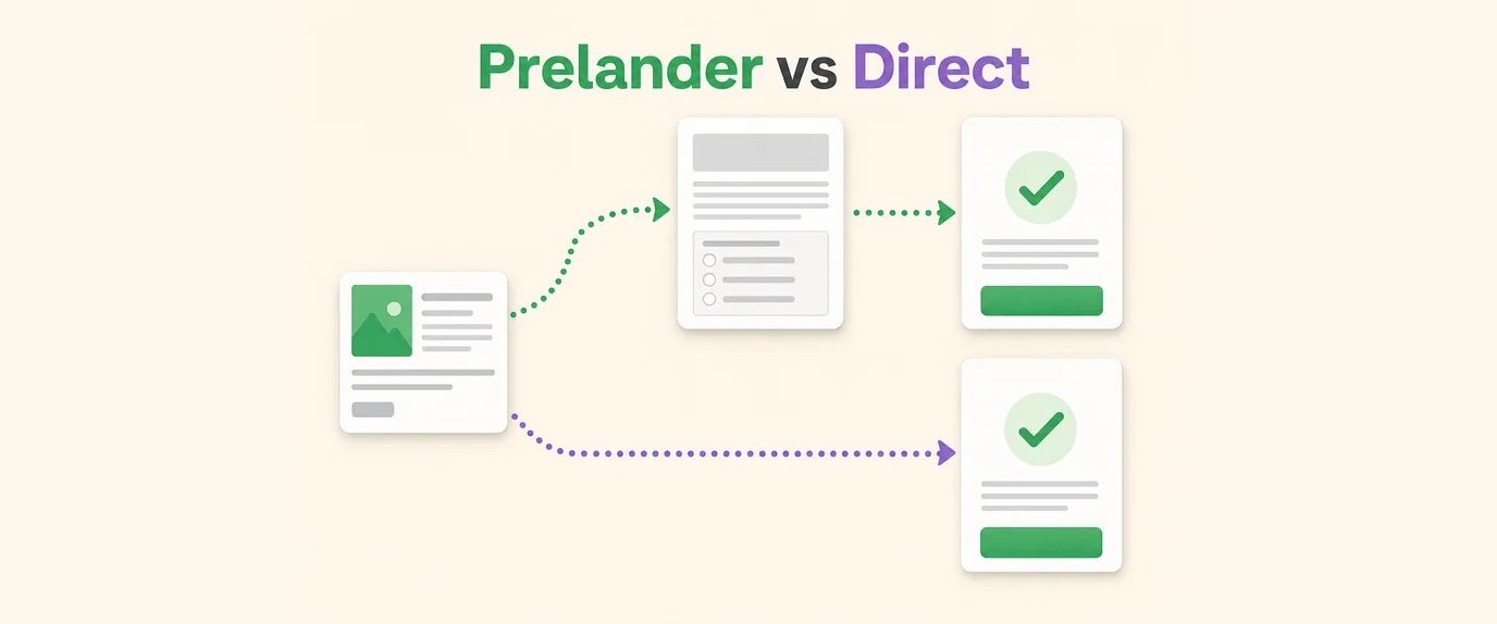 Prelander vs direct: one ad leads either through a prelander page to the offer or straight to the offer