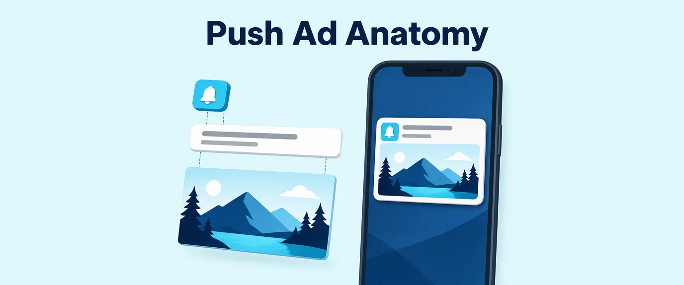Push ad anatomy: icon, title and image of a push notification shown apart and assembled on a phone