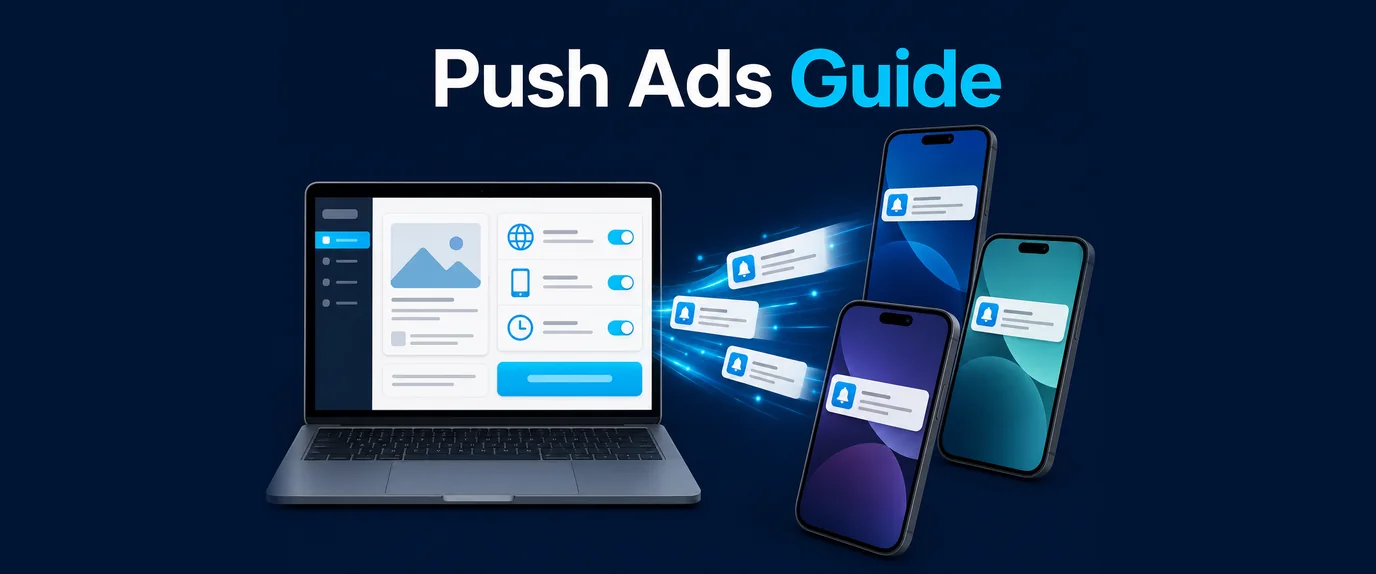 Push ads guide: a campaign dashboard with targeting toggles sends push notifications to several phones