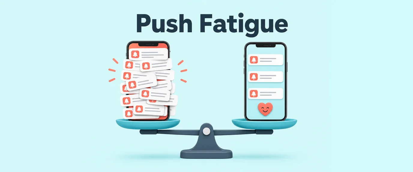 Push fatigue: a phone flooded with notifications versus a phone with a few well-spaced ones, on a balance scale