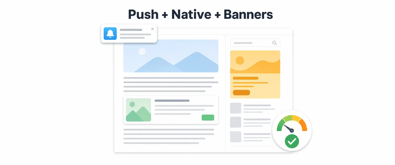Push, native and banners on one page without hurting UX: a push card, a native card in the article and a sidebar banner, with a good speed score