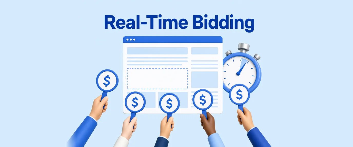 Real-time bidding: bidders raise paddles for one ad slot on a web page while a stopwatch shows the auction takes a moment
