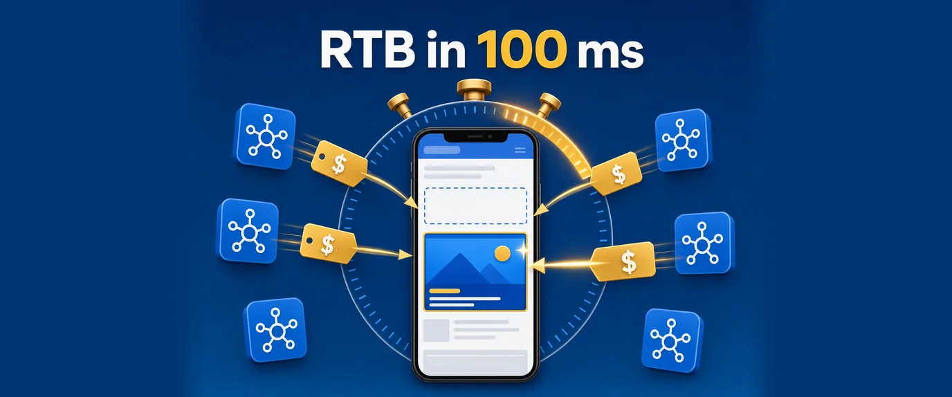 RTB in 100 ms: bids from several DSPs reach an ad slot on a phone within a short stopwatch sweep, one bid wins