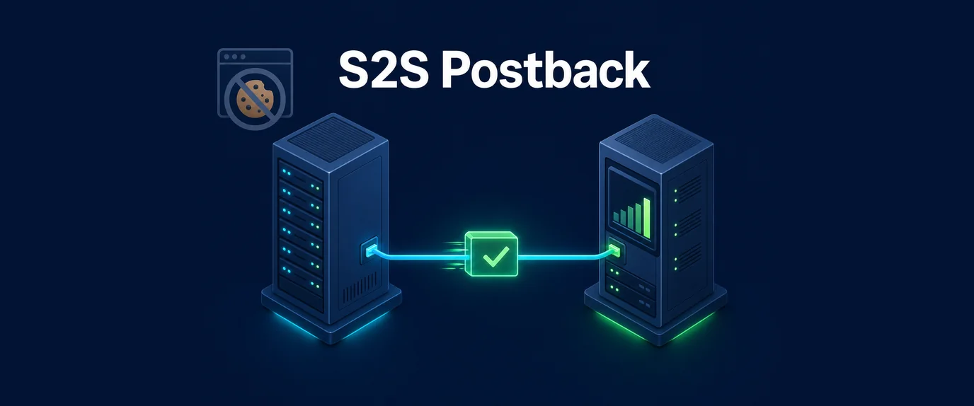 S2S postback: the network server sends a confirmed conversion straight to the tracker server, without browser cookies