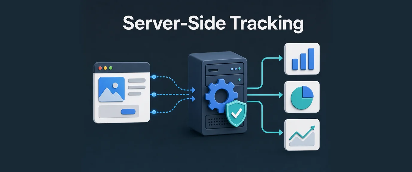 Server-side tracking: site events go to one server-side tag manager, which forwards clean data to analytics and ad platforms