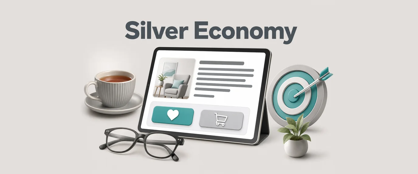 Silver economy: a clear large-button ad on a tablet next to reading glasses and tea, aimed at the 60+ audience