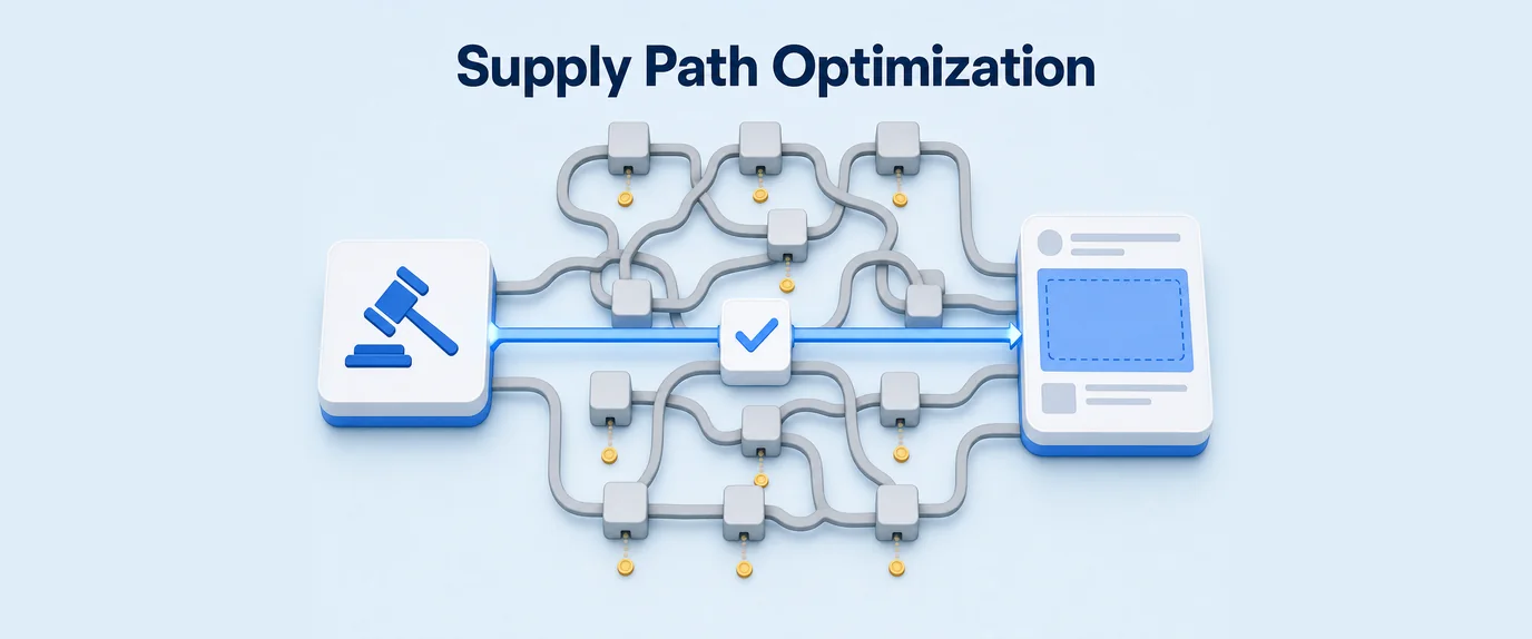 Supply path optimization: many tangled routes through intermediaries versus one direct path from bid to ad slot