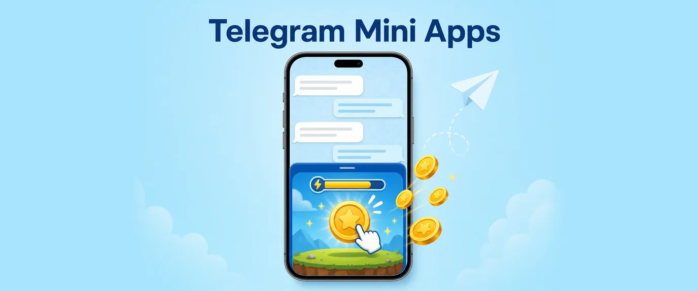 Telegram Mini Apps: a mini game opened inside a chat pays out coins from a reward button