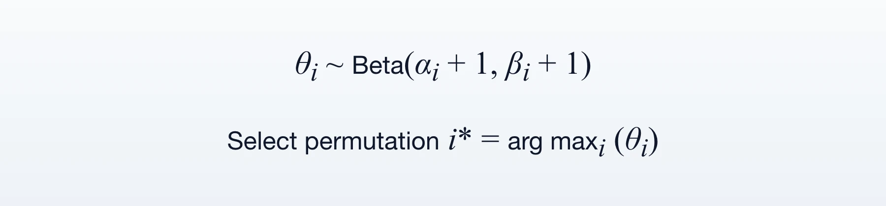 Formula: θi ~ Beta(αi + 1, βi + 1); select permutation i* = arg max over i of θi