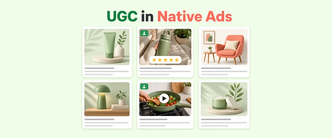 UGC in native ads: a native grid where a customer photo with stars and a home video blend in with product cards