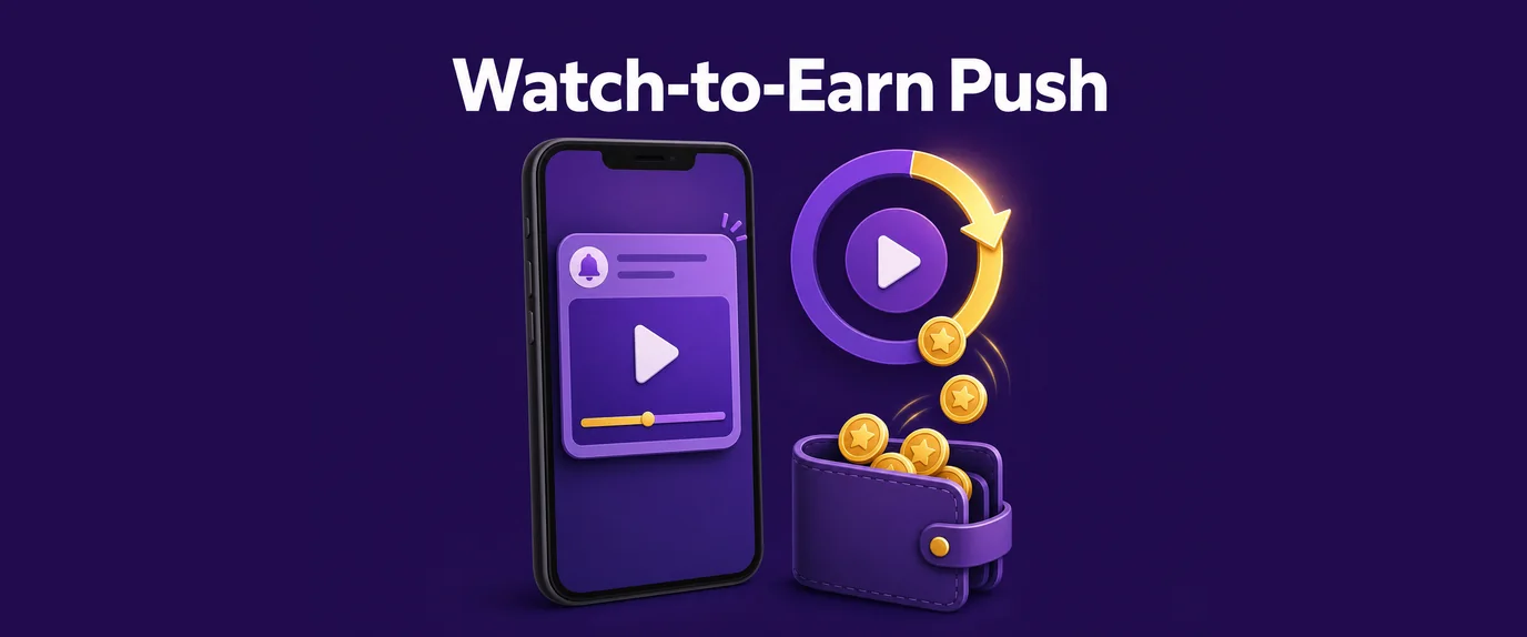 Watch-to-earn push: watching a video push fills a timer ring and drops reward tokens into a wallet
