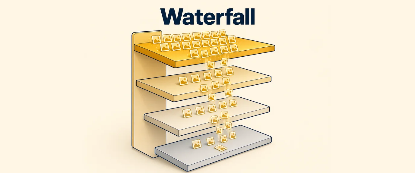 Waterfall: ad impressions flowing down from the top-priced layer to the lower layers