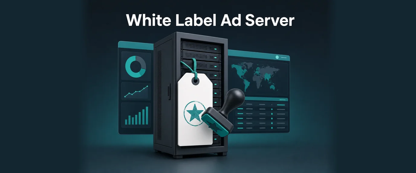 White label ad server: a server rack gets your own brand stamped on a blank label, with the ad platform dashboard behind